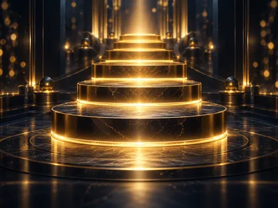 Abstract glowing gold platforms ascending as a staircase into dark navy background, representing tiered loyalty levels