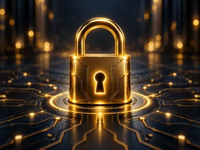 Glowing gold padlock on dark navy circuit surface with warm golden bokeh, cinematic 3D render symbolizing encryption security