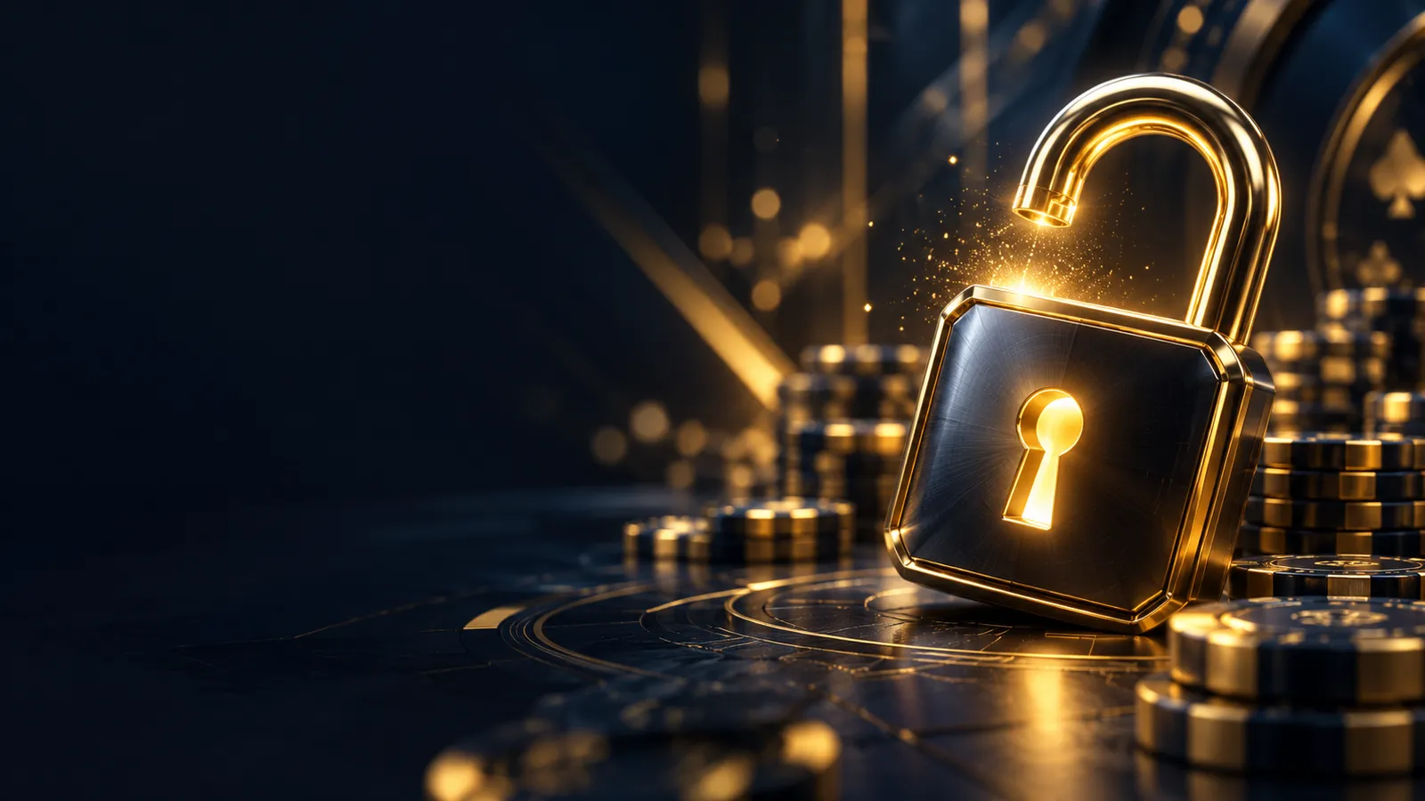 Glowing gold padlock opening on a dark navy digital surface with golden bokeh and geometric light streaks, premium secure log