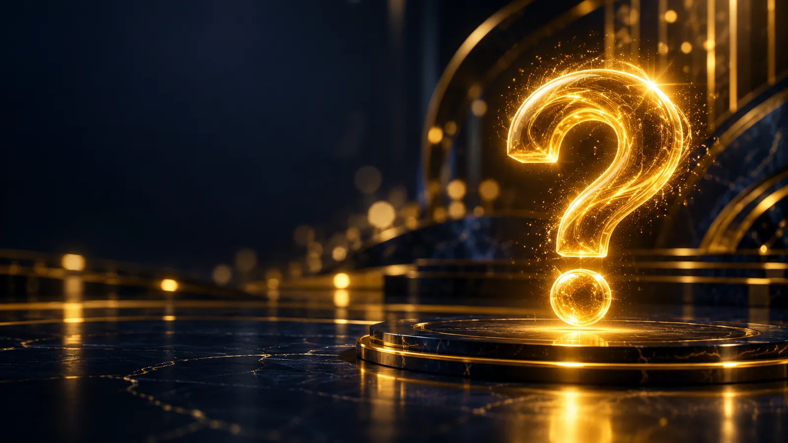 Cinematic casino hero banner with a glowing gold question mark made of light on dark navy background, soft golden bokeh and g
