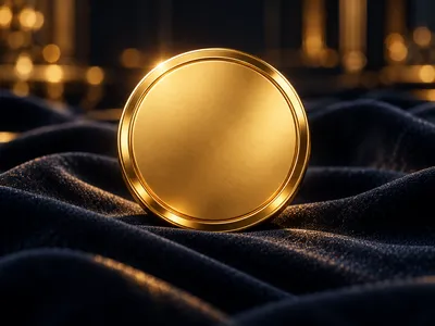 Close-up of a single glowing gold spin token resting on dark navy velvet with warm cinematic bokeh lighting