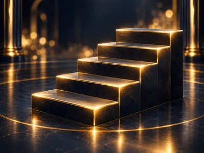 Five glowing gold steps rising like a staircase against a dark navy-charcoal background, representing abstract casino deposit