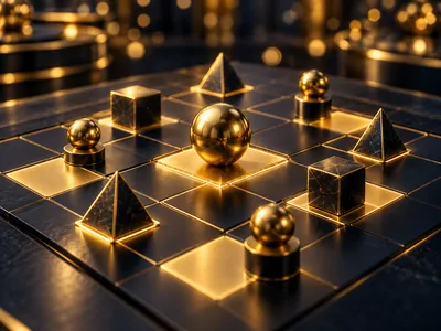 Abstract glowing gold grid squares arranged in a strategy pattern on a dark navy-charcoal background with cinematic bokeh lig