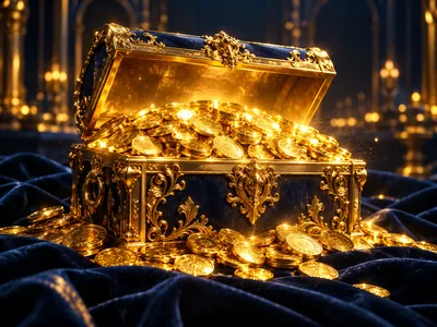 Glowing golden treasure chest overflowing with coins on dark navy velvet background with warm cinematic bokeh lighting