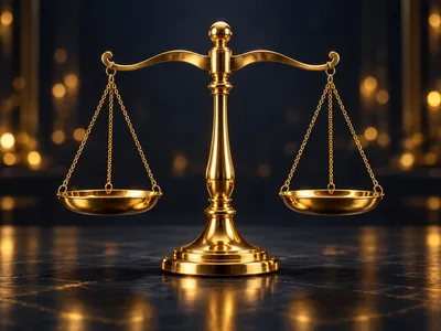 Photorealistic 3D gold balance scale icon on dark navy-charcoal background with warm golden bokeh and cinematic lighting