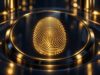 Glowing gold fingerprint on dark glass surface representing biometric login security with cinematic lighting