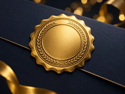 Photorealistic 3D gold certificate seal on dark navy paper with warm golden bokeh and cinematic lighting