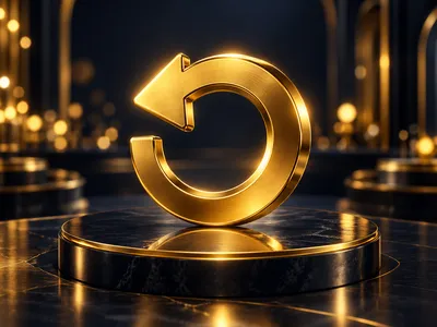 Glowing gold circular arrow refund symbol on dark navy-charcoal background with cinematic bokeh lighting