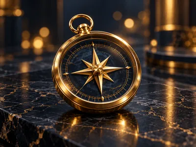 Photorealistic 3D gold compass on dark marble surface with warm golden bokeh and cinematic navy background