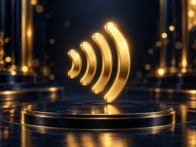 Glowing gold contactless payment wave icon on dark navy-charcoal background with cinematic bokeh lighting
