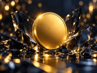 Glowing gold crypto coin surrounded by dark glass shards on a deep navy background with cinematic golden bokeh lighting