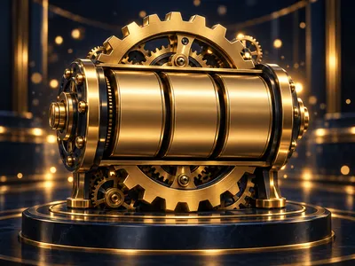 Abstract gold gear and slot reel icon on dark navy background, cinematic casino game engine illustration with warm golden acc