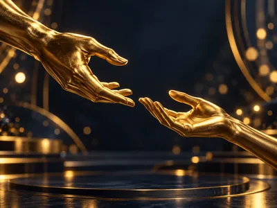 Two photorealistic gold hands reaching toward each other on dark navy-charcoal background with warm golden bokeh lighting