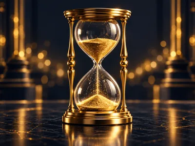 Photorealistic 3D rendered gold hourglass with warm golden bokeh on dark navy-charcoal background, cinematic lighting