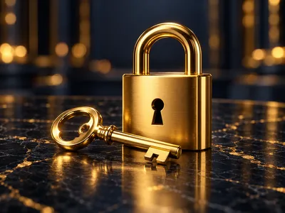 Premium 3D render of a gold key and padlock resting on dark marble, cinematic lighting with warm golden bokeh, account securi