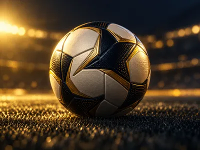 Photorealistic 3D render of a football on dark turf illuminated by warm golden cinematic light against a deep navy background