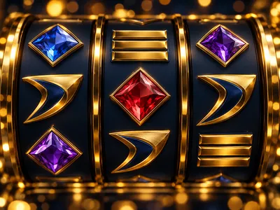 Close-up of colourful 3D slot reel symbols including sevens, bars and gems in gold and navy cinematic style