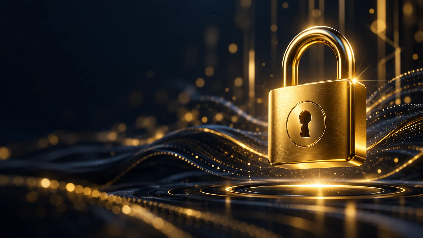 Gold padlock over abstract dark data streams on deep navy-charcoal background with warm golden bokeh and geometric light stre