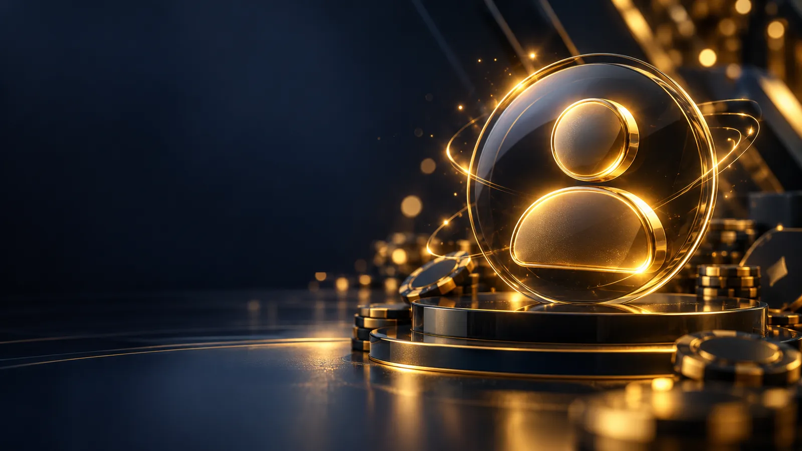 Glowing gold user profile silhouette emerging from dark glass on a deep navy-charcoal background with soft golden bokeh and g
