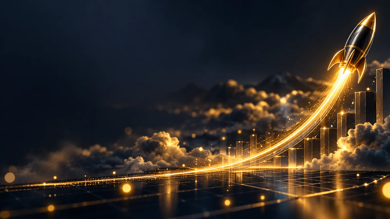 Glowing gold rocket rising along an abstract crash game multiplier curve on a dark navy background with golden bokeh accents