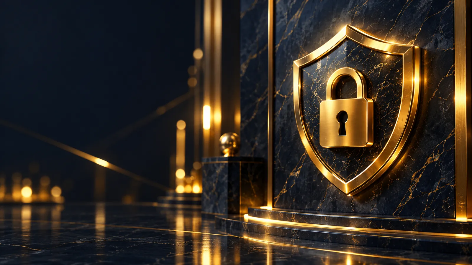 Glowing gold shield with padlock on dark navy marble wall, cinematic casino security hero banner with golden bokeh accents