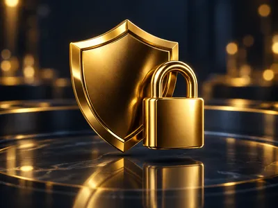 3D rendered gold shield and padlock floating above dark glass surface with warm golden bokeh on deep navy background