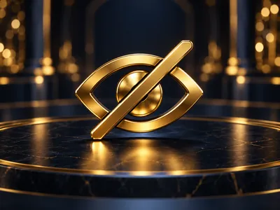 Photorealistic 3D gold eye icon with a diagonal slash on a dark navy-charcoal background, symbolizing privacy with cinematic 