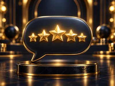 Dark navy speech bubble with glowing gold stars on deep charcoal background with soft golden bokeh accents