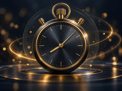 Premium 3D rendered gold stopwatch with glowing hands on dark navy-charcoal background with soft golden bokeh accents
