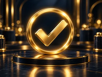 Glowing golden checkmark inside a luminous circle on dark navy-charcoal background, symbolising approved status with cinemati