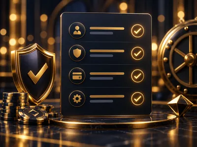 Dark navy checklist panel with glowing gold tick marks and abstract verification steps on a charcoal background with golden b