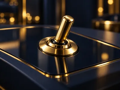Photorealistic 3D gold toggle switch on dark glass surface with cinematic lighting and soft golden bokeh