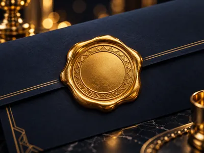 Photorealistic 3D render of a gleaming gold wax seal pressed onto a dark navy document, cinematic lighting with soft golden b