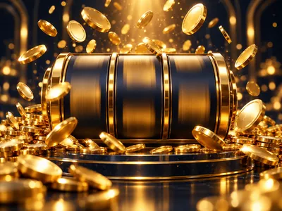 Glowing golden coins cascading over a dark slot machine reel with cinematic bokeh lighting on deep navy background