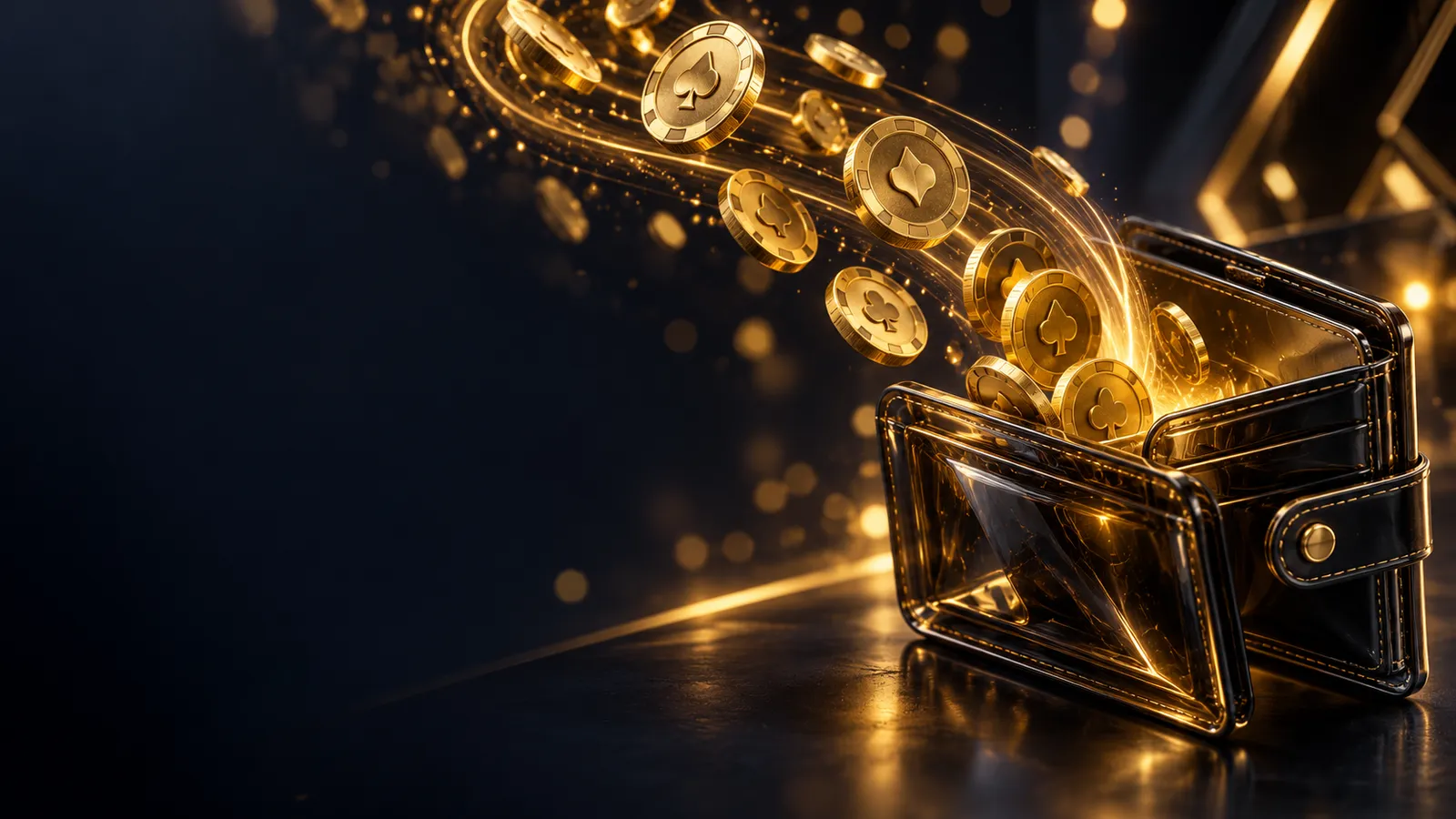 Cinematic casino hero banner with golden coins flowing into a dark glass wallet on a deep navy-charcoal background with warm 
