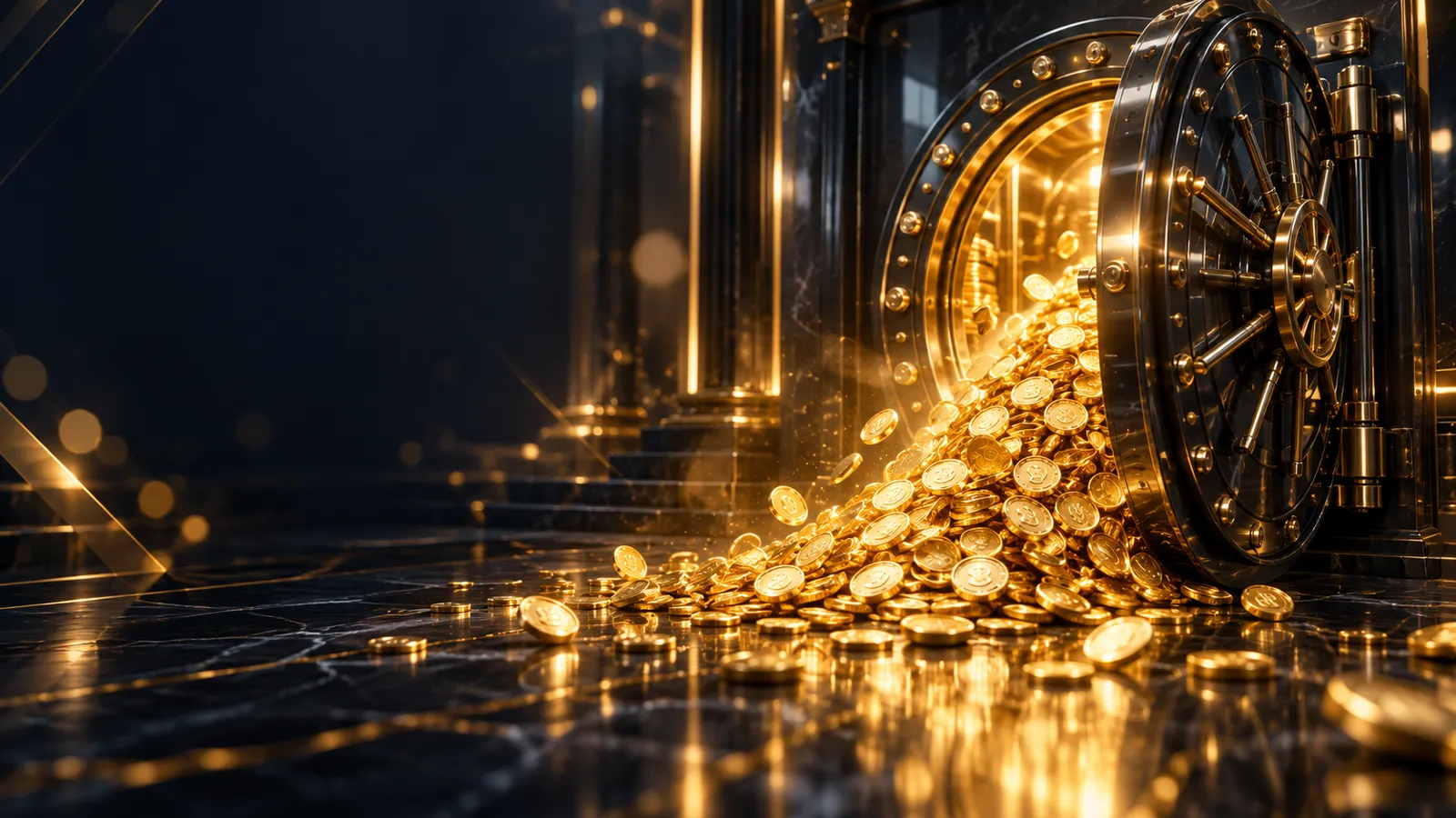 Cinematic dark navy casino hero banner with golden coins streaming from a glass vault door, soft bokeh and geometric light st