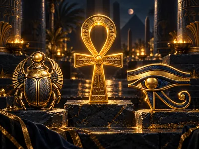 Photorealistic 3D render of glowing golden ankh, scarab, and eye symbols on dark stone with cinematic bokeh lighting