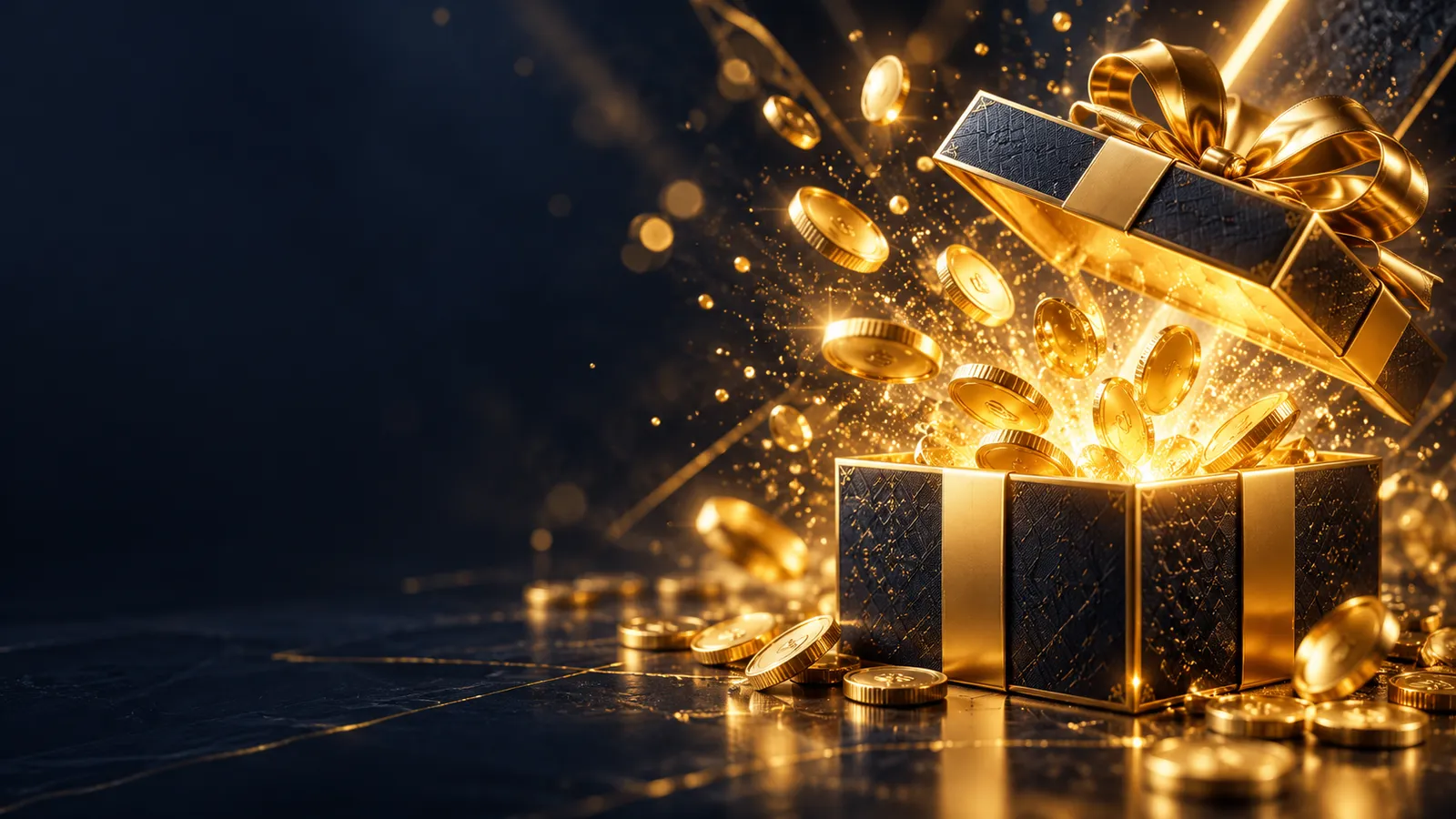Dark navy cinematic casino banner with an open golden gift box releasing glowing coins and sparkles against a deep charcoal b