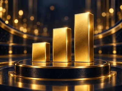 Three rising golden bars forming an abstract jackpot meter on a dark navy-charcoal background with cinematic gold bokeh light