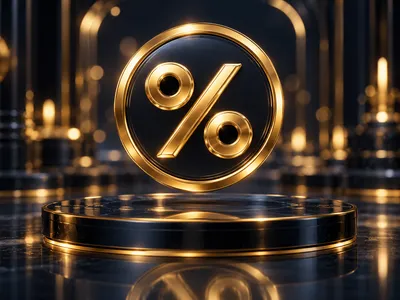 Photorealistic 3D golden percentage badge floating over dark navy glass surface with cinematic bokeh lighting
