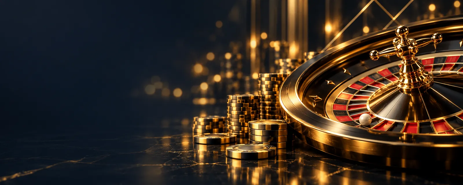 Glowing golden roulette wheel and stacked gold casino chips on a dark reflective table with warm bokeh light accents