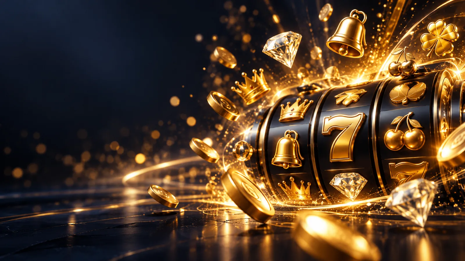 Cinematic 3D render of golden slot symbols and sparkles bursting from a dark reel on a deep navy-charcoal background with war
