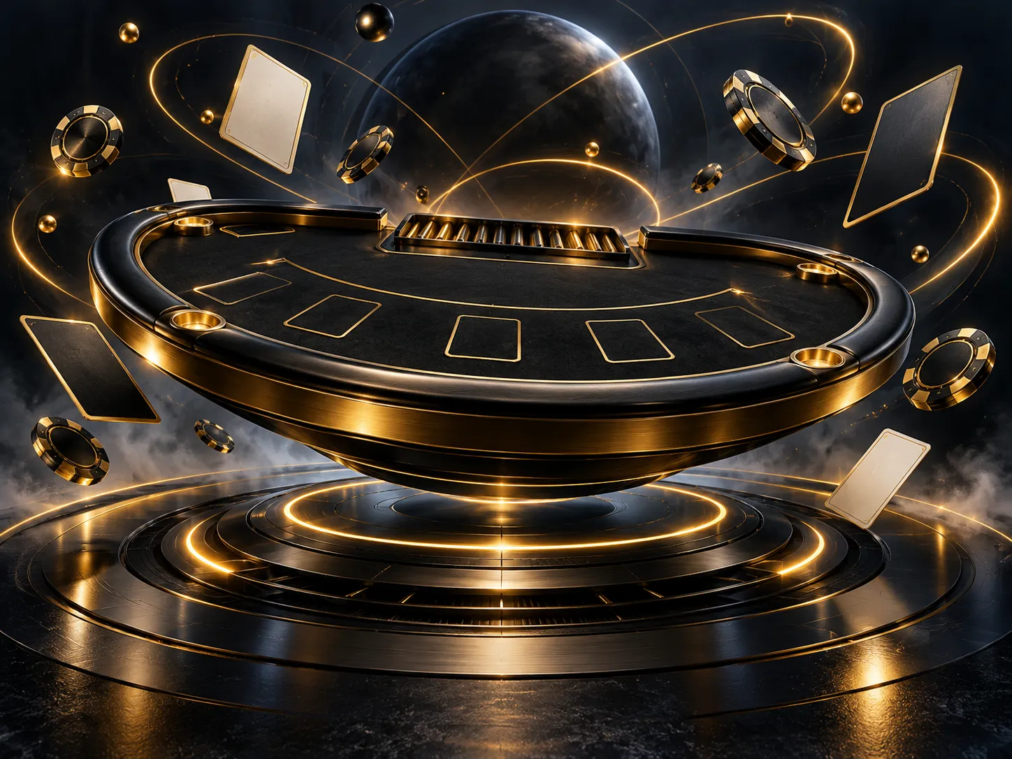 Futuristic blackjack table suspended in dark navy-charcoal space with dramatic warm gold lighting and glossy 3D cinematic ren