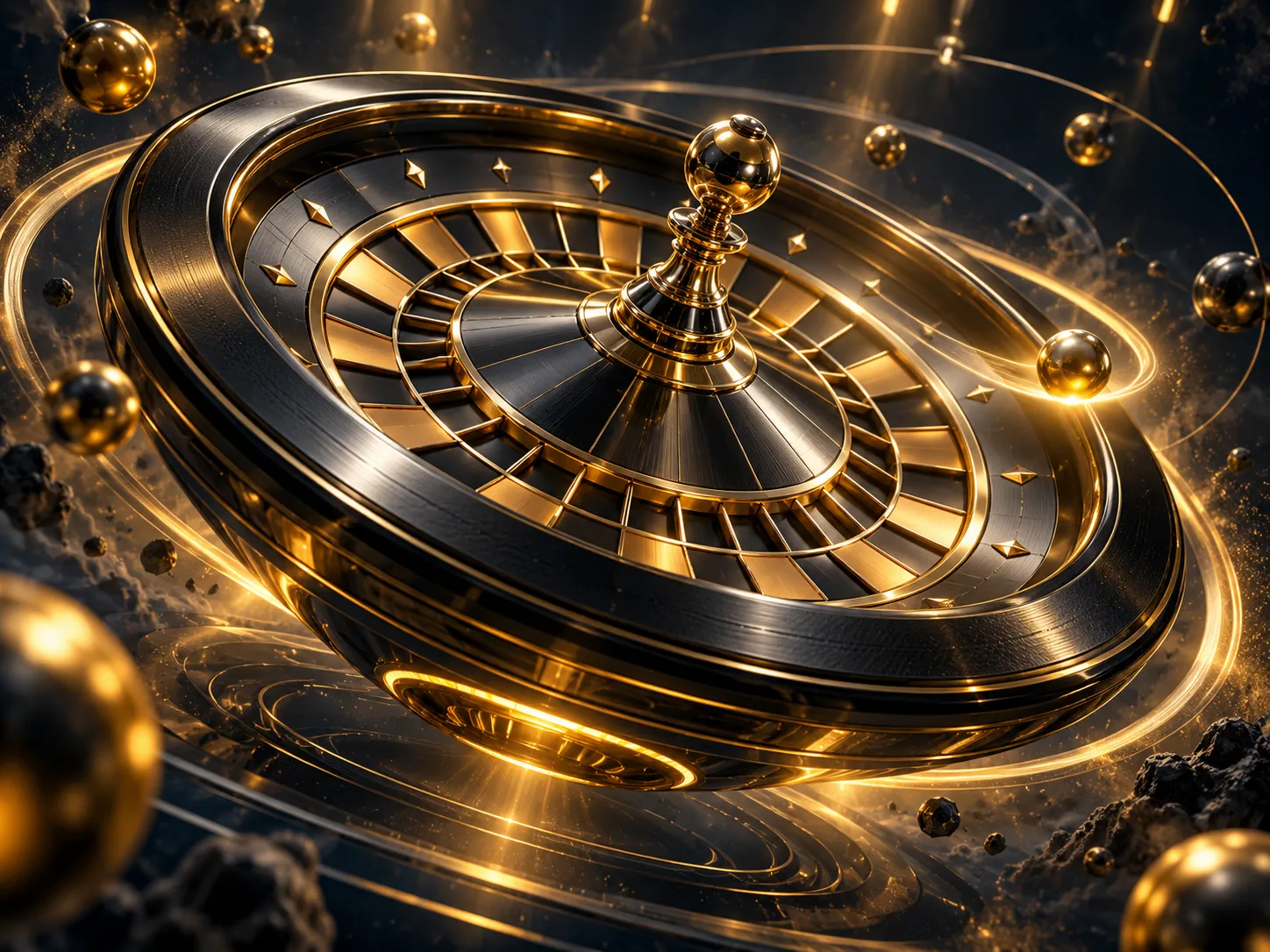 Futuristic roulette wheel floating in a dark navy studio with dramatic warm gold cinematic lighting and glossy 3D render