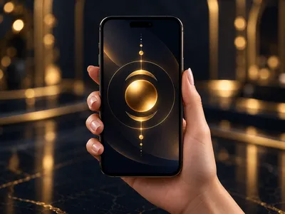 Hand holding a smartphone displaying a glowing gold home screen icon against a dark navy cinematic background