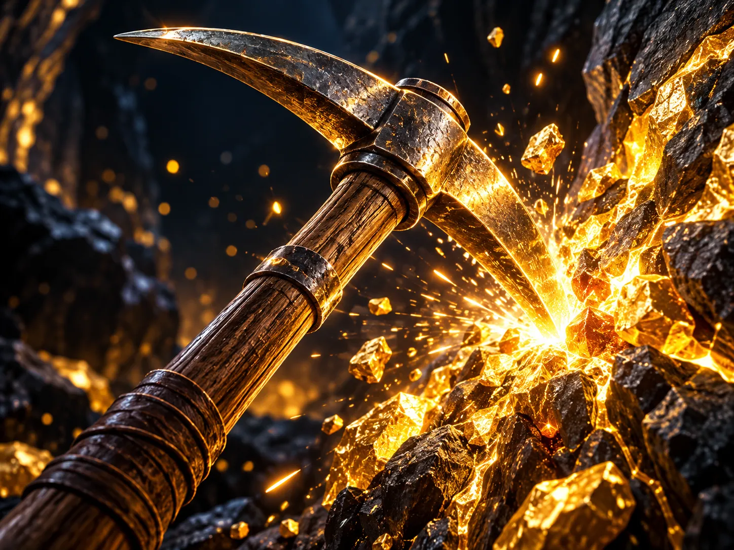 Bold glossy 3D render of a gold pickaxe striking a glowing gold vein, dramatic cinematic lighting on dark navy-charcoal backg