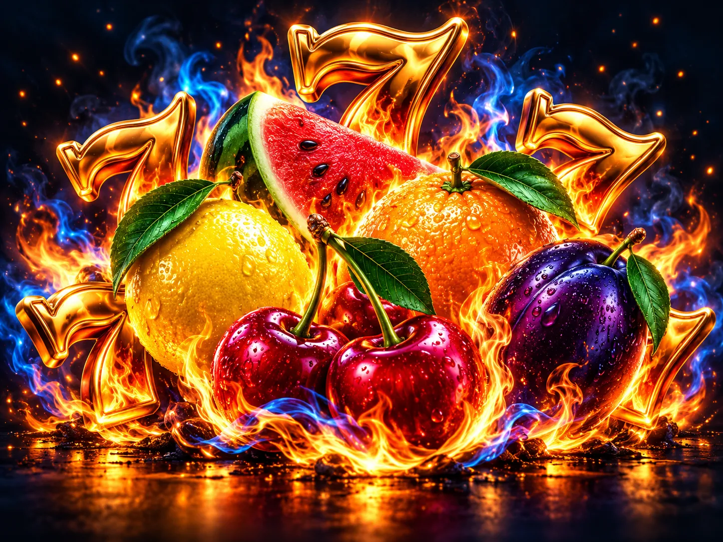 Bold glossy 3D casino tile with flaming cherries, lemons and watermelons arranged around molten gold seven symbols on dark na