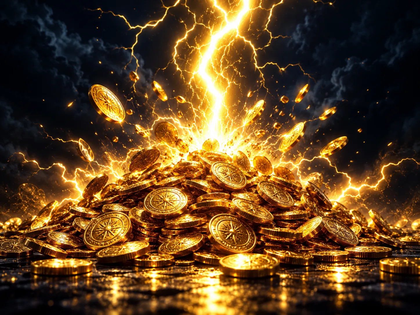 Dramatic 3D render of a golden lightning bolt striking a gleaming pile of gold coins on a dark navy-charcoal background with 