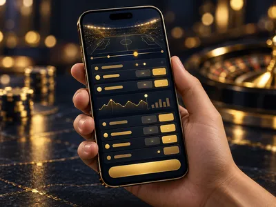 Hand holding smartphone with abstract live-betting ticket UI in gold on dark navy background, cinematic casino style