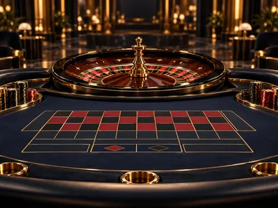 Elegant live-dealer roulette table with warm gold lighting on a dark navy background, cinematic 3D render, player perspective
